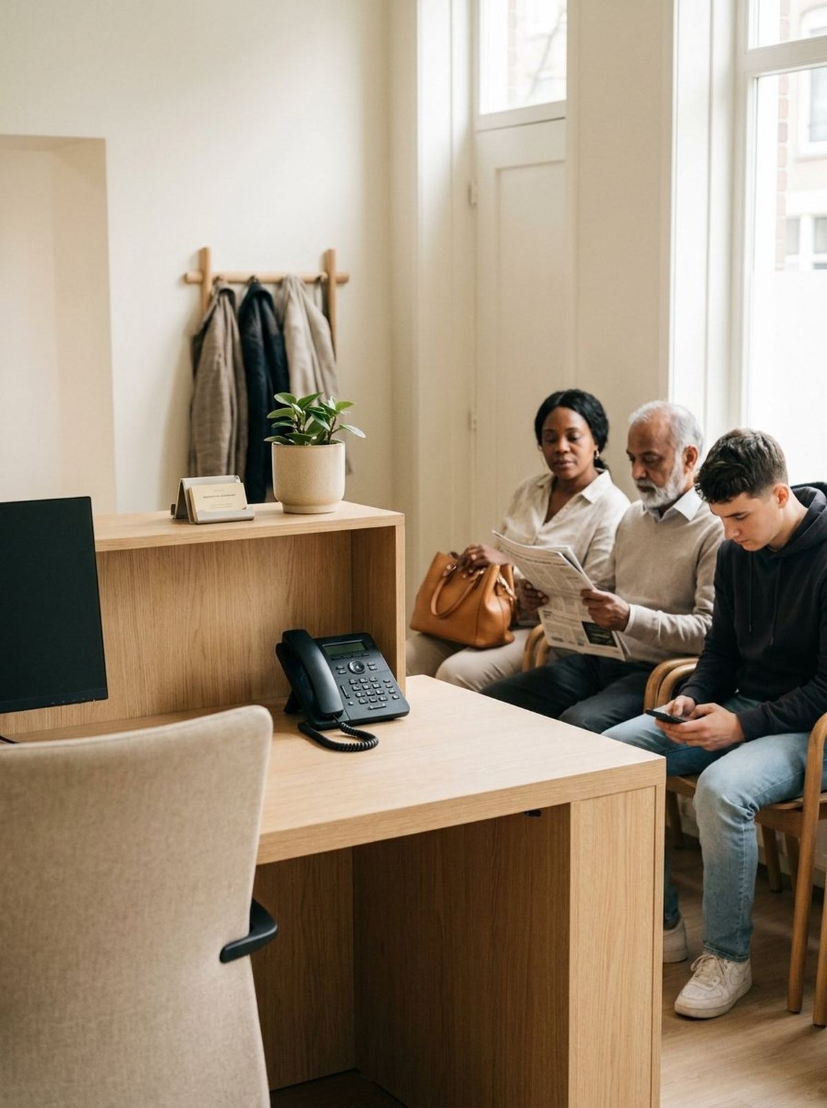 De balie van een fysiotherapiepraktijk: de telefoon staat onbeheerd op het blad, terwijl drie mensen in de wachtkamer zitten